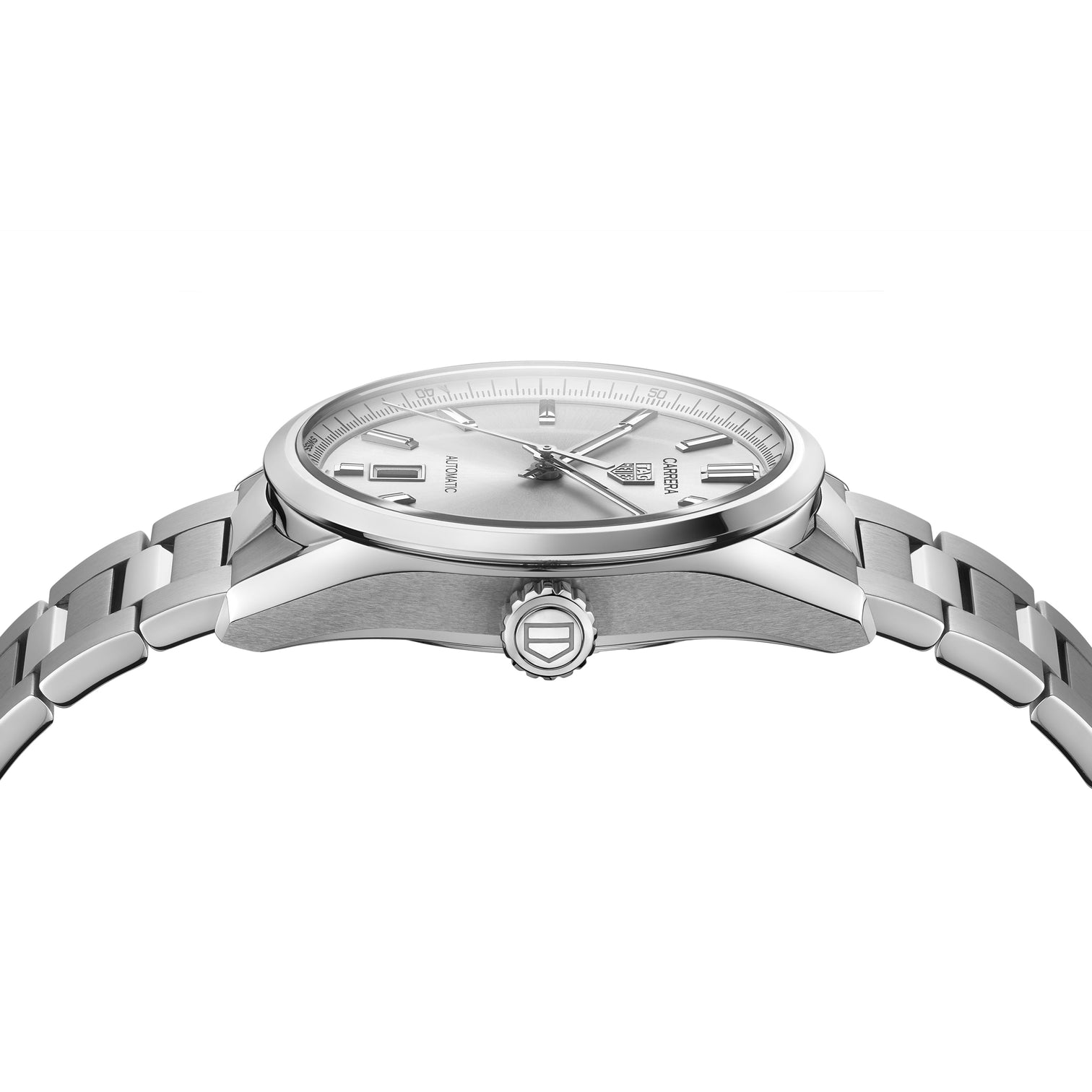 Side view of TAG Heuer Carrera Calibre 5 Automatic Men's Silver Dial & Steel Watch, 39mm